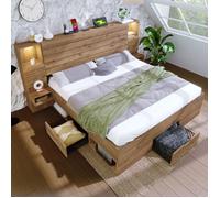 MODFU Lit avec tiroirs lit adulte 160x200 cm avec 3 tiroirs, 2 tables de chevet, LED et port USB Type-C, bois, chêne. san matelas
