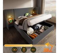 MODFU Lit coffre 160x200 cm - Lit double avec lampe de lecture et fonction de charge USB - Lin - Sans Matelas - Gris