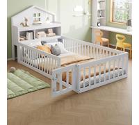 MODFU Lit Enfant 90x200 cm - Lit Simple avec Rangement Intégré, Cadre Maison Bois Massif et MDF, Protection Contre Chute, Sans Matelas - Blanc