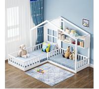 MODFU Lit enfant double 90x200 cm et 140x70 cm avec étagère, porte de sécurité, fenêtre et cheminée, forme maison, blanc