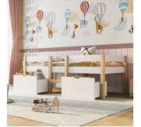 MODFU Lit enfant lit cabane lit simple 90x190 cm, lit mi-hauteur avec protection antichute et 2 tiroir,blanc et chêne