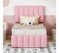 MODFU Lit Gigogne 200x90 cm - Lit Simple Avec Gigogne Et Tiroirs, Revêtement Lin Confortable, Lit Enfant Pratique, Sans Matelas, Rose