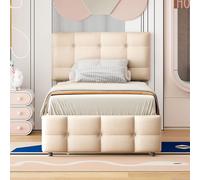 MODFU Lit Gigogne 200x90 cm - Lit Simple Avec Tête De Lit Ajustable, Lit Enfant Confortable, Revêtement Lin Doux, Sans Matelas, Beige