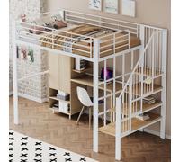 MODFU Lit Mezzanine 140x200 cm - Lit Double avec Accès par Escalier et Rangement, Métal et Contreplaqué, Sans Matelas, Blanc