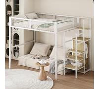 MODFU Lit Mezzanine 140x200 Cm - Lit Double Avec Rangements Intégrés Et Échelle Sécurité, Structure En MDF Et Métal, Sans Matelas, Blanc