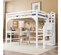 MODFU Lit Mezzanine 140x200 cm - Lit Junior Avec Bureau L-Forme Et Armoire Ouverte, Lit Combiné En Bois, Sans Matelas, Blanc