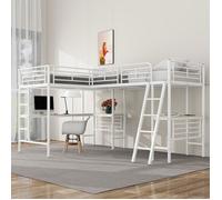 MODFU Lit mezzanine 90x200 cm, 2 couchages, avec table, double escalier et garde-corps hauts, MDF + métal, blanc