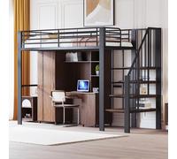 MODFU Lit Mezzanine 90x200 cm - Lit Double avec Accès par Escalier et Rangement, Métal et Contreplaqué, Sans Matelas, Noir