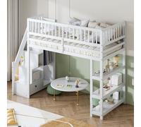 MODFU Lit Mezzanine 90x200 Cm - Lit Simple Avec Escalier De Sécurité, Placard Et Étagères De Rangement - Pin Massif Et MDF - Sans Matelas - Blanc