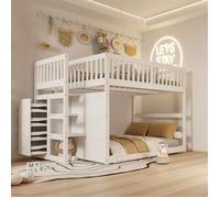 MODFU Lit superposé 140x200 cm avec escalier de rangement, lit en bois avec coffres de rangement, pin et MDF, blanc