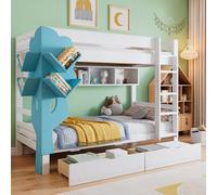 MODFU Lit Superposé 90x200 cm - Lit Simple avec Bibliothèque en Forme d’Arbre, 2 Tiroirs de Rangement et Étagères, Pin et MDF, Sans Matelas - Blanc et Bleu