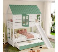 MODFU Lit Superposé 90x200 cm – Maison avec Toboggan et Lit Tiroir – Sans Matelas – Vert