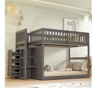 MODFU Lit superposé enfant 140 x 200 cm en bois avec compartiments de rangement ouverts et clôture, gris