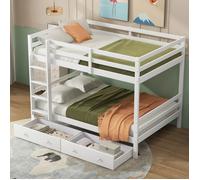 MODFU Lit superposé enfant 140x200 cm avec 2 tiroirs et escalier, pin et MDF, blanc