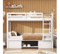 MODFU Lit superposé enfant 2 x 90 x 200 cm avec 2 tiroirs et porte chaussures, sommiers inclus, blanc