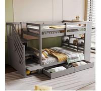 MODFU Lit superposé enfant 90x200 cm avec 2 tiroirs, rangements et escalier, bois, gris