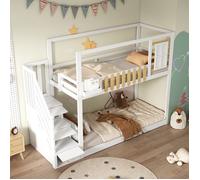 MODFU Lit superposé enfant 90x200 cm avec 3 casiers et escalier, pin et MDF, blanc + naturel