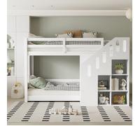 MODFU Lit superposé enfant 90x200 cm avec escalier, casiers et garde-corps, bois massif, blanc, sans matelas