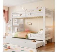 MODFU Lit superposé enfant 90x200 cm avec lit gigogne, escalier et rangement, pin et MDF, blanc