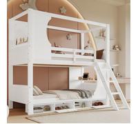 MODFU Lit superposé enfant 90x200 cm avec meuble à chaussures, rangement et table, pin et MDF, blanc