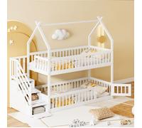 MODFU Lit superposé enfant 90x200 cm avec tiroirs de rangement et échelle de sécurité, bois massif et MDF, blanc