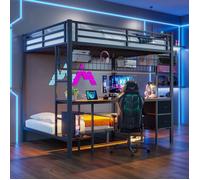 MODFU Lit superposé enfant 90x200 cm et 140x200 cm avec bureau, LED et tiroirs, métal, noir