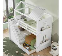 MODFU Lit superposé enfant Lit cabane 90 x 200 cm avec escaliers de rangement, tiroirs, étagères, sans matelas, blanc