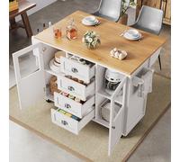 MODFU Meuble de Cuisine avec Rangement, Îlot Central avec 2 Portes, 4 Tiroirs, Porte-Serviettes et Étagère à Épices, MDF/Métal, 137,9x73x92,5 cm - Blanc