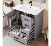 MODFU Meuble de Salle de Bain avec 3 Portes, 1 Tiroir Silencieux et Vasque Céramique - 76x46x83,5 cm - Gris