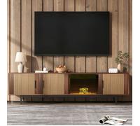 MODFU Meuble TV lowboard 200 cm avec bande lumineuse LED et portes en verre trempé, en panneaux de particules, naturel et noir