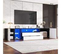 MODFU Meuble TV Moderne avec Rangement Fermé et Étagère - 2 Tiroirs, LED Connectée, pour Salon - 180x40x45 cm - Noir et Blanc