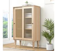 MODFU Meubles de rangement pour vaisselles 60 x 40 x 100 cm - Buffet Haut Avec 2 Portes En Rotin Et Coulissantes - Naturel