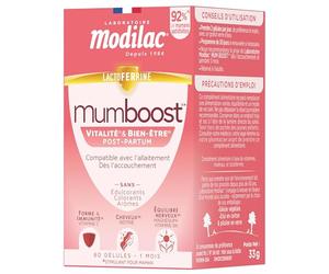 Modilac - Mumboost*, Complément Alimentaire Soutien Post-partum compatible Allaitement - *Stimulant pour Maman, Bien-être (1), Vitalité (2)- Vitamines, Minéraux, Lactoferrine** - 60 Gélules Végétales