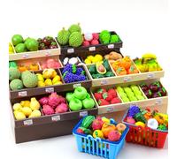 ModiTechX Présentoir à fruits miniature à l'échelle 1:20 (cadre couleur abricot avec étagères en bois marron + 12 variétés avec 60 à 70 fruits sélectionnés au hasard + 2 corbeilles à fruits)