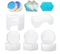 Modixun Lot de 18 moules en silicone pour dessous de verre en résine époxy avec support de sous-verre, forme octogonale ronde en forme de fleur