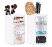 Modixun Lot de 2 organiseurs d'accessoires pour cheveux avec support de brosse à cheveux, tiroir rotatif transparent à 3 niveaux, porte-éponge de maquillage, boîte à bijoux pour salle de bain (blanc)
