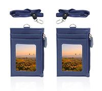 Modixun Lot de 2 porte-badges en cuir avec poche zippée, porte-badge avec lanière, porte-badge avec 4 emplacements pour cartes et 1 poche zippée, bleu foncé