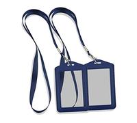 Modixun Lot de 2 porte-badges verticaux en cuir avec double fenêtre transparente pour carte d'identité, 2 cordons de cou amovibles, bleu, (008)