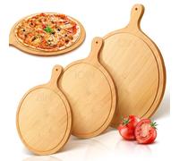 Modixun Lot de 3 planches à découper rondes en bois de bambou avec poignée pour pizza, pain, gâteau, fruits, fromage (30 cm + 25 cm + 20 cm)