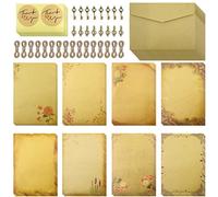 Modixun Lot de 96 feuilles de papier à lettre kraft vintage, 32 feuilles de papier rétro, 16 enveloppes, 16 pendentifs, 16 autocollants, 16 cordes de chanvre