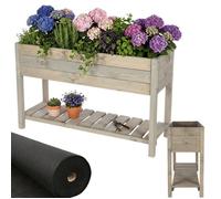 MODO24 Jardinière sur pieds en bois OBM avec étagère, bac à herbes jardin/balcon/terrasse, 78x118x40 cm, gris