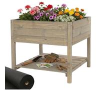 MODO24 Jardinière sur pieds en bois OBM avec étagère, bac à herbes jardin/balcon/terrasse, 78x78x78 cm, gris