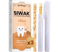 MODOGO 3 Bâtons de Siwak + 3 Étuis de Protection - سواك Miswak Brosse à Dents Ecologique - 100% Naturel et Biodégradable - Hygiène Zéro-Déchets - Vegan