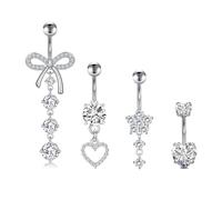MODRSA 4Pièces Piercing Nombril Argent Acier Inoxydable 14G Coeur Papillon CZ, Piercing Ventre Bijou Femme 10MM Design Fantaisie Piercing de Nombril