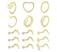 MODRSA Anneaux Nez 20G Acier Inoxydable 15 Pièces - Bijoux Nez Anneau Coeur Or Piercing Nez Vis Diamond CZ Nostril Piercing