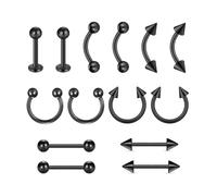 MODRSA Eyebrow-Bar Lip-Bar Septum Tongue-Piercing : 14 pièces 16G en Acier Chirurgical Barbell incurvé Anneau pour lèvre Piercing Tragus Noir