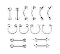 MODRSA Eyebrow-Bar Lip-Bar Septum Tongue-Piercing : 14 pièces 16G en Acier Chirurgical Barbell incurvé Anneau pour lèvre Piercing Tragus Argent