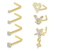 MODRSA Lot de 7 piercings de nez en forme de L, argent et or 20 g 7 mm avec oxyde de zirconium, bijoux de piercing de narine en forme de cœur, papillon, fleur avec pendentif pour femme