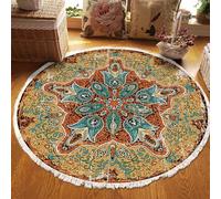 MODRYER Tapis Bohème Rond en Imitation Coton Et Lin, Grand Format Doux avec Pompons, Antidérapant Lavable en Machine, Idéal pour Chambre, Couloir Ou Salon, 100cm/39.4in-J