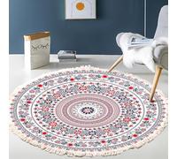 MODRYER Tapis Rond Bohème À Pompons - Tapis Rond Doux en Imitation Coton Et Lin À Poils Courts, Antidérapant Et Lavable, Motif Géométrique Ethnique pour Salon Chambre Entrée Ou Chambre, 90cm/35.4in-K